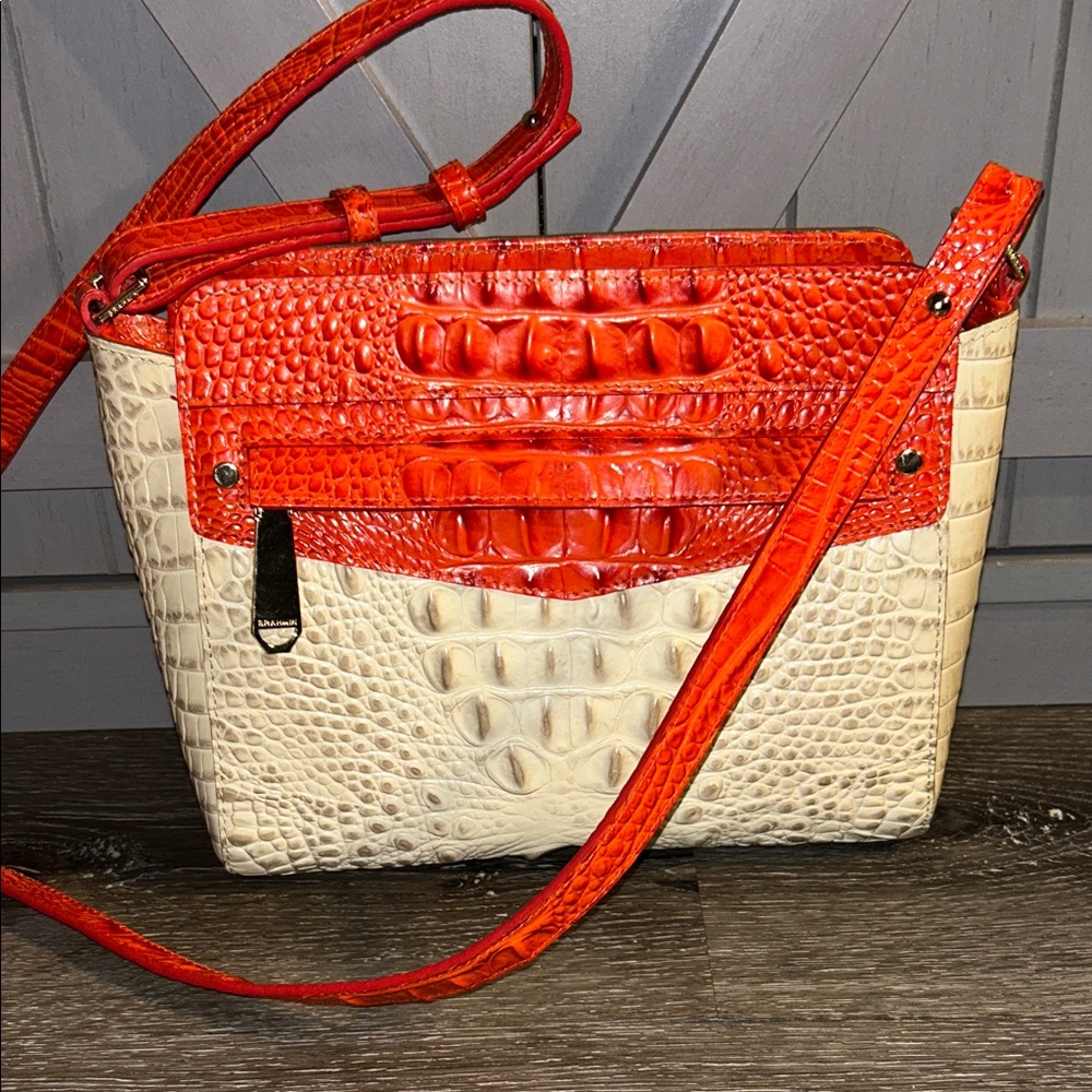 Brahmin Orange and Cream Croc-Embossed Crossbody Bag